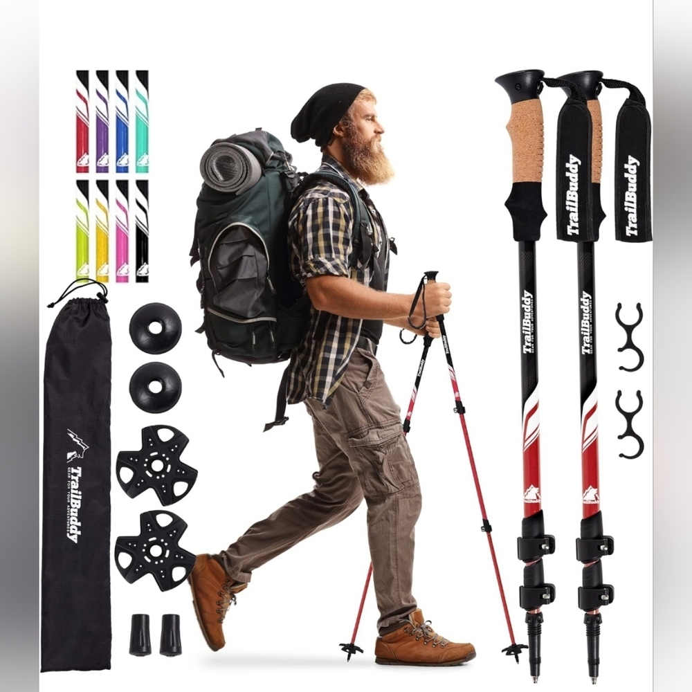 TrailBuddy Trekking Poles (Red Beetle) – Lightweight, Collapsible, 7075 Aluminum